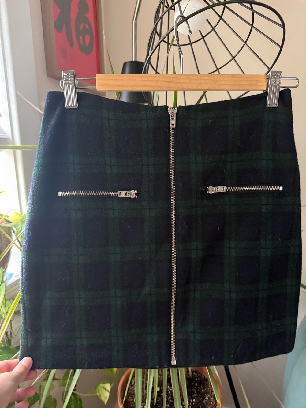 Madewell Green and Navy Plaid Zip-Front Mini Skirt